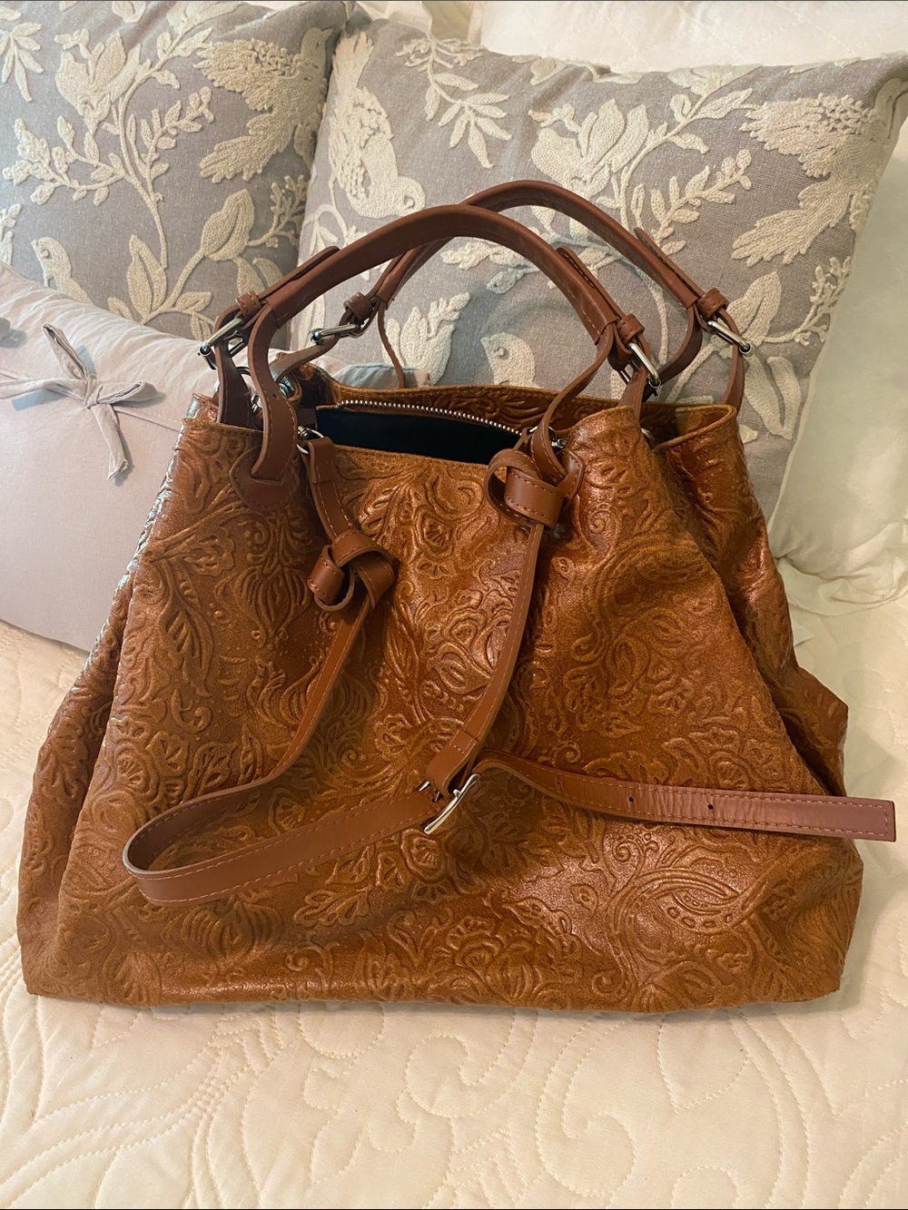 Embossed Leather Shoulder Bag in Cognac Brown